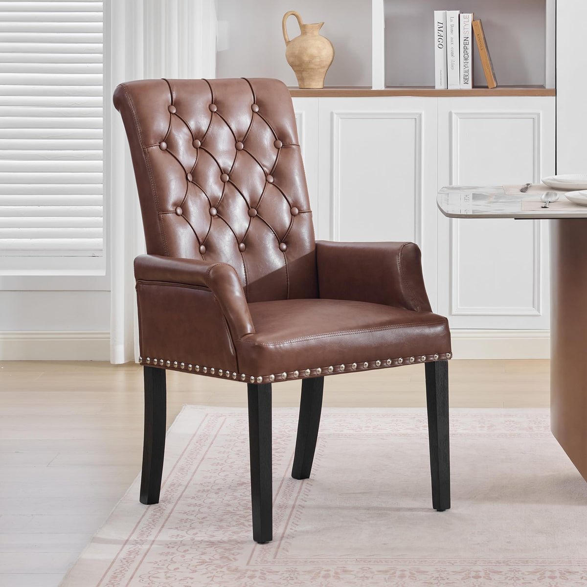 PU with Arms, High Back Dining Room Chairs, Brown