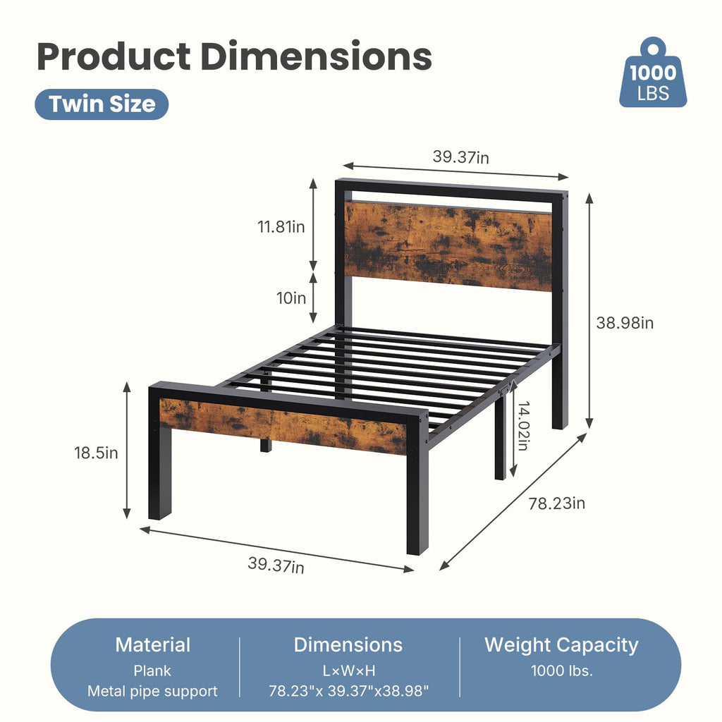 14 Inch Bed Frame with Wood Headboard, Rustic Brown