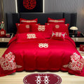 Chinese Red Wedding Bedding 4Pcs Set, Double Happiness Embroidered Duvet Cover Set No Comforter, Soft Cotton Flat