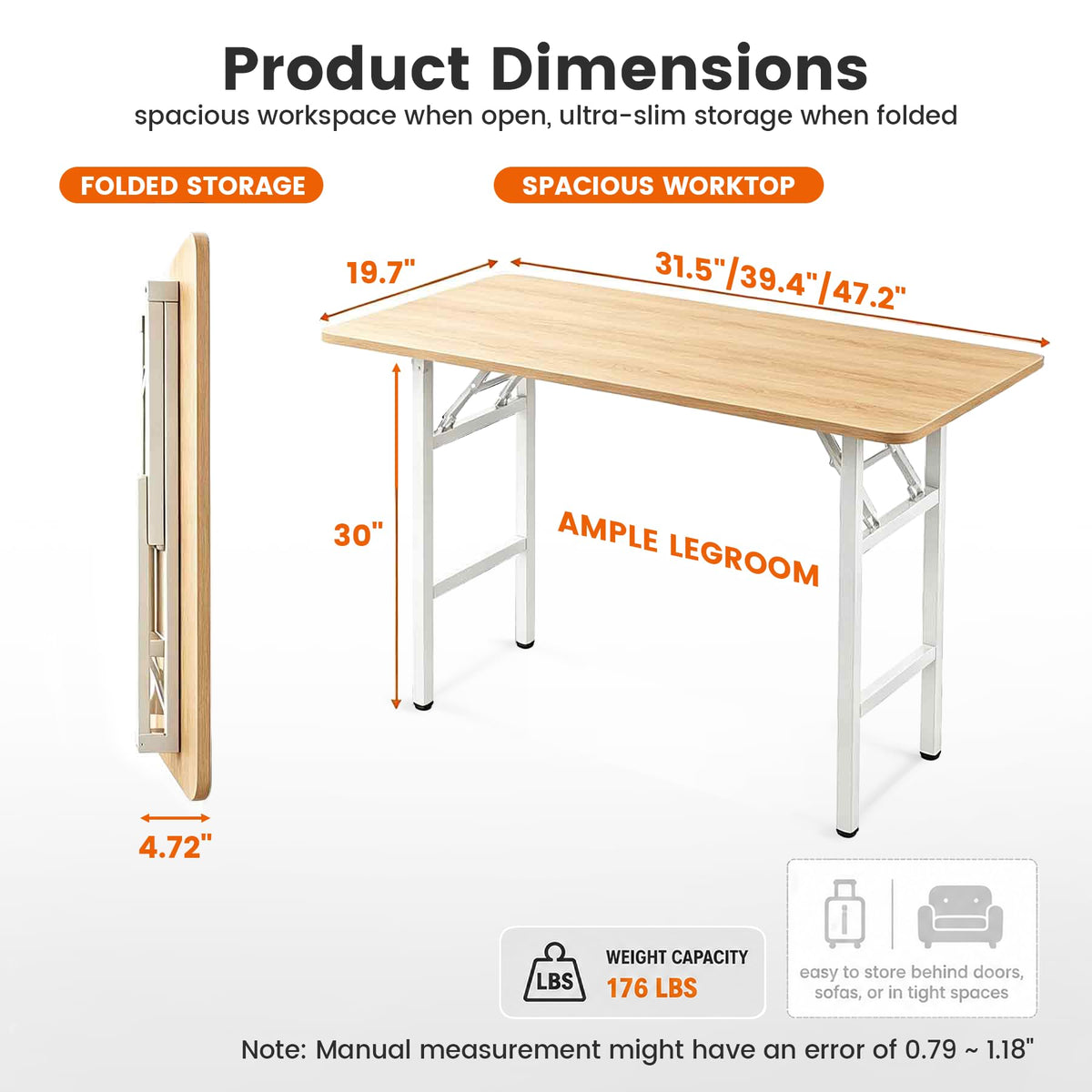 31.5 Inch Folding Table, Square Folding Desks for Small Space, Small Foldable Desk No Assembly, Teak.