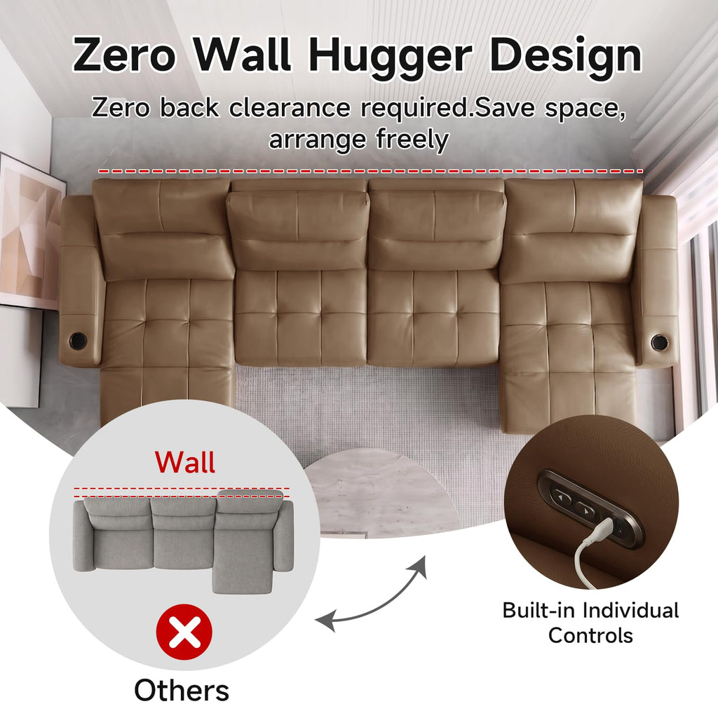 Zero Gravity Power Recliner Sofa 146", Genuine Leather Sofa with Electric Reclining Seats, Adjustable Backrests, USB