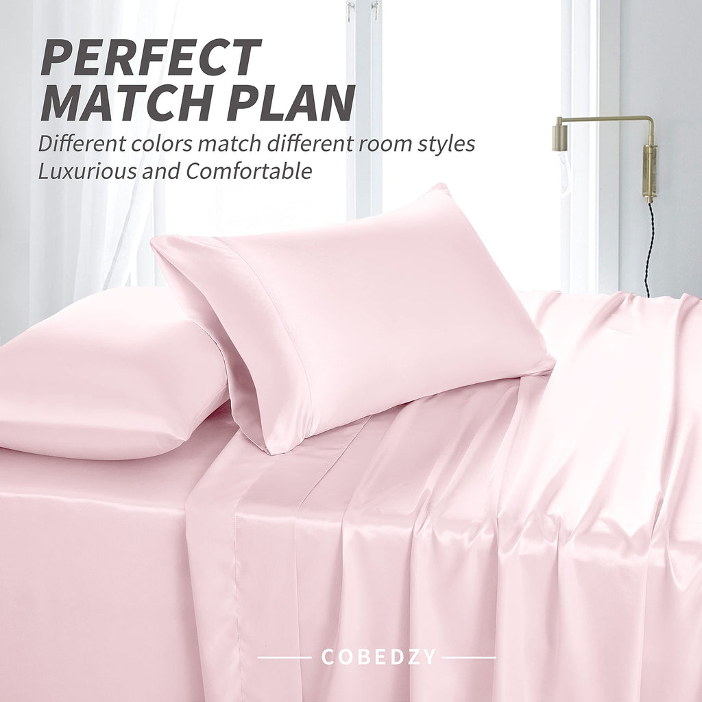 Satin Bed Linen Set, 4Pcs Luxury Soft Silky Sheets with Deep Pocket Fitted Sheet, Blush Pink
