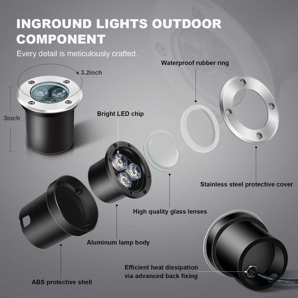 4Pack 3W Low Voltage Landscape Lights with Connectors 12-24V LED In-Ground Lights IP67 Waterproof Garden Lighting