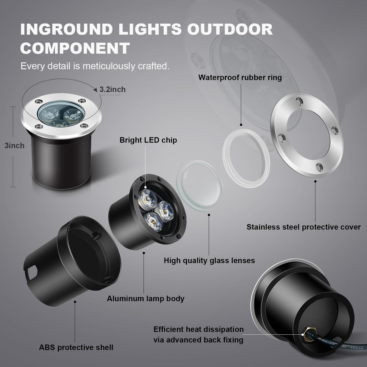 4Pack 3W Low Voltage Landscape Lights with Connectors 12-24V LED In-Ground Lights IP67 Waterproof Garden Lighting