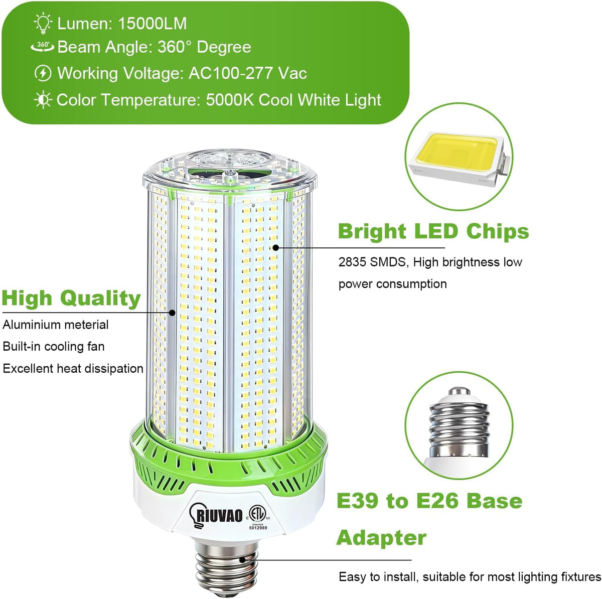 2 Pack 100W LED Corn Bulbs, 15000LM 5000K Daylight Super Bright LED Corn Light Bulb, E26/E39 Base for Warehouse