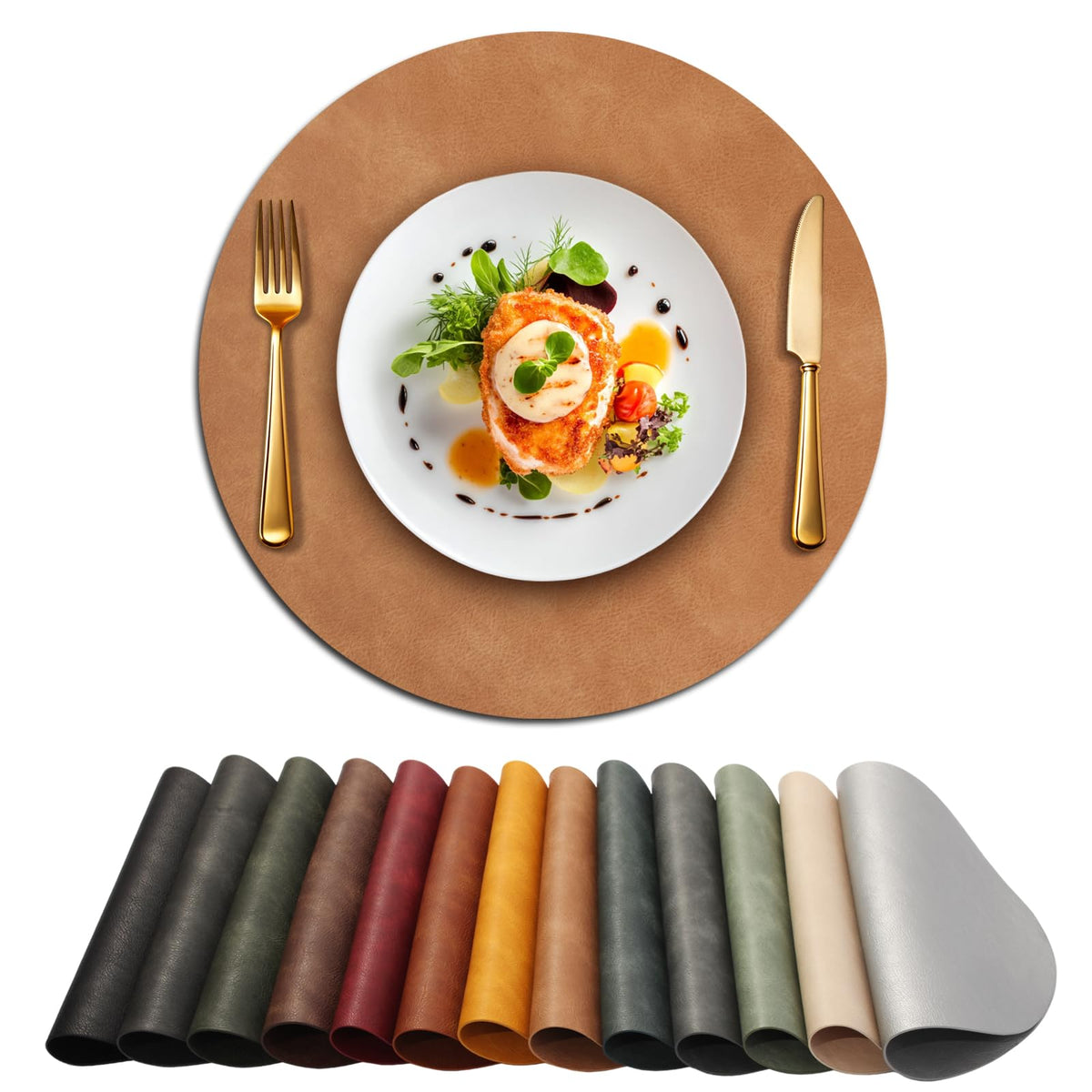 UnivoColors Placemats Round Faux Leather Placemats Set of 4-Waterproof-Wipe Clean-Heat Resistant-Anti Slip Dining
