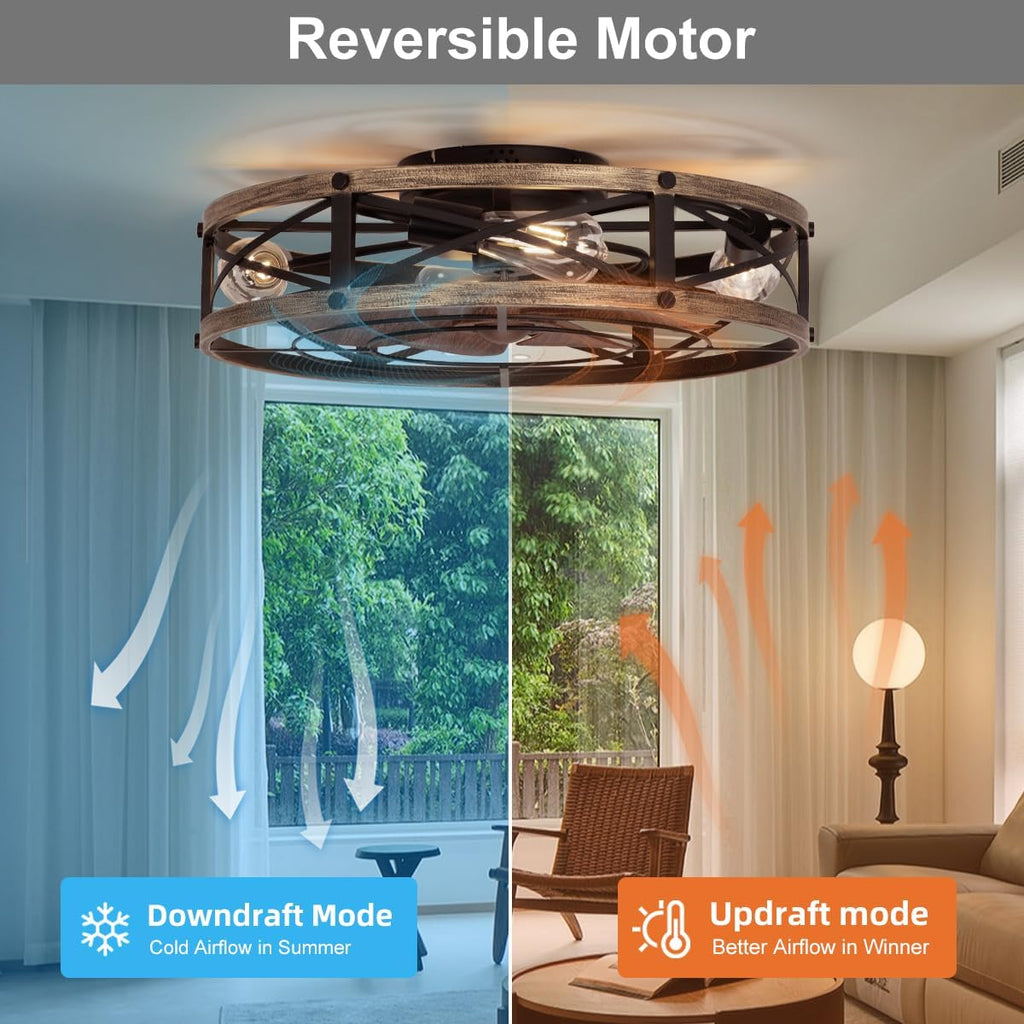 22" Flush Mount Caged Ceiling Fan with Light & Remote