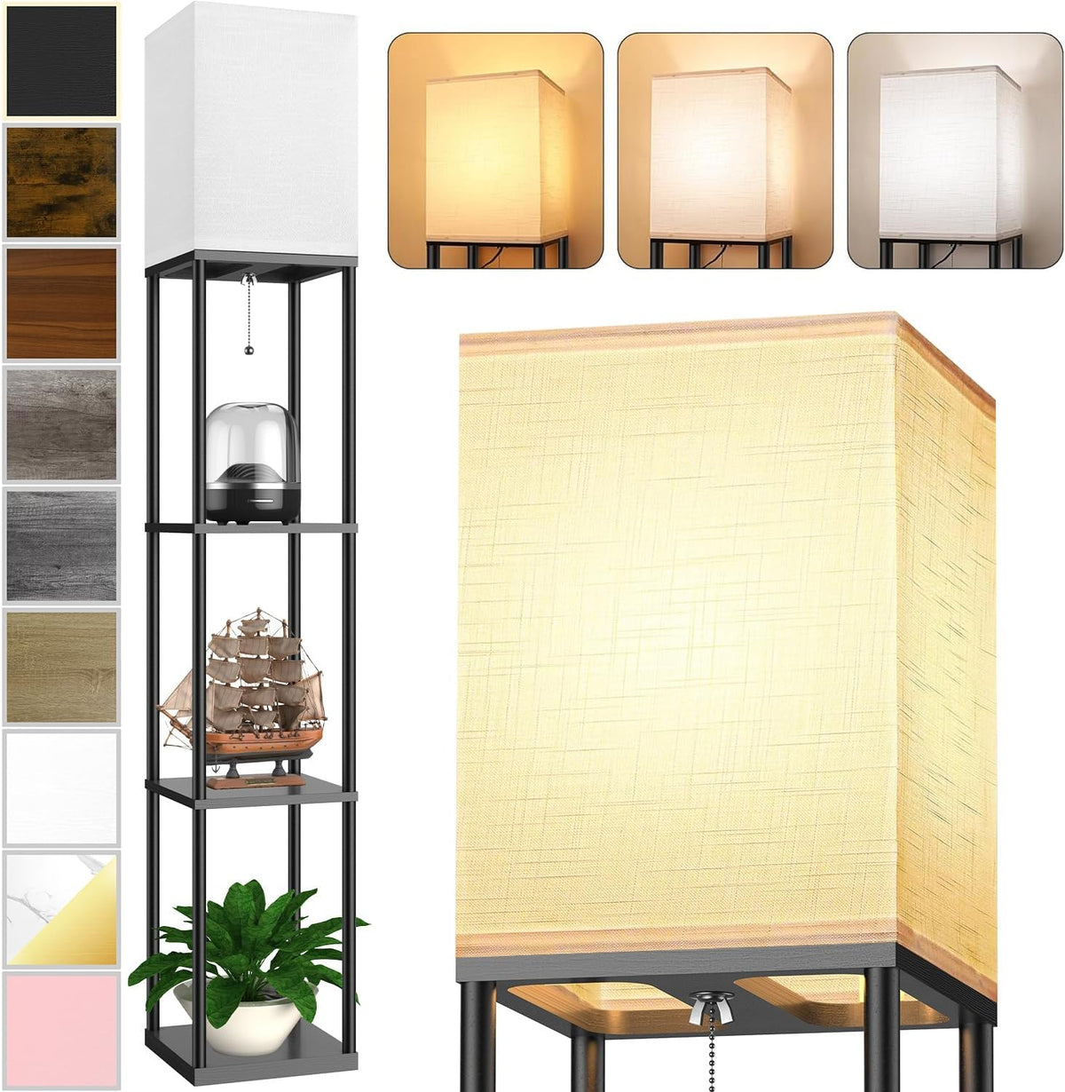 Floor Lamp with Display Shelves and 3-Color LED Bulb for Corners