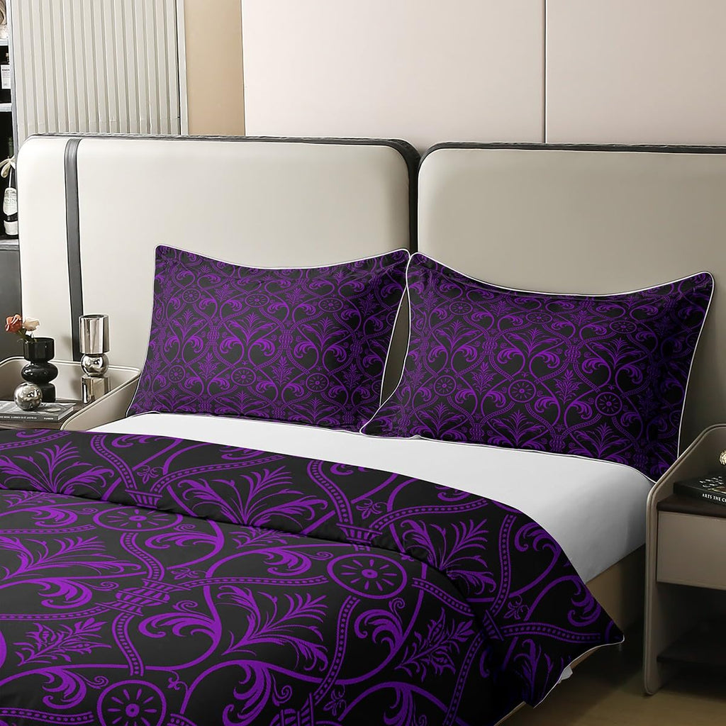 100 Percent Cotton Purple Black Ombre Floral Bedding Set for Girls Women Queen, Gothic Baroque Damask Comforter Cover