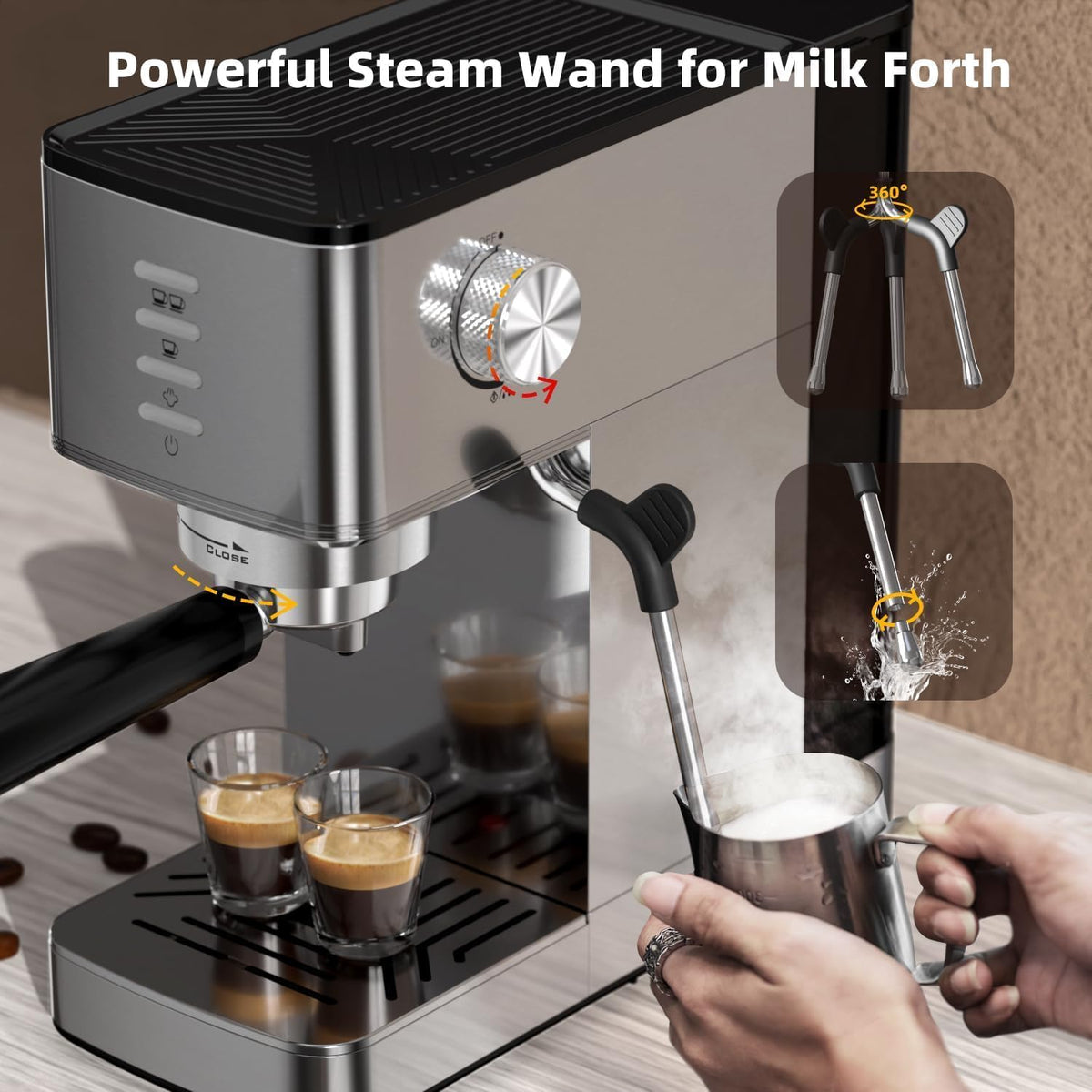 Espresso Machine with Steam Wand | 20-Bar Par Pump, Fast Cold Brew Function, 37oz Removable Water Tank, Stainless
