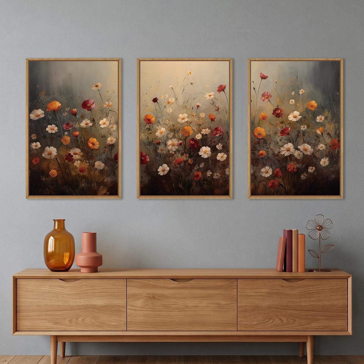 Moody Colorful Wildflower Framed Canvas Wall Art Set, Vintage Daisy Floral Wall Decor, Watercolor Flowers Art