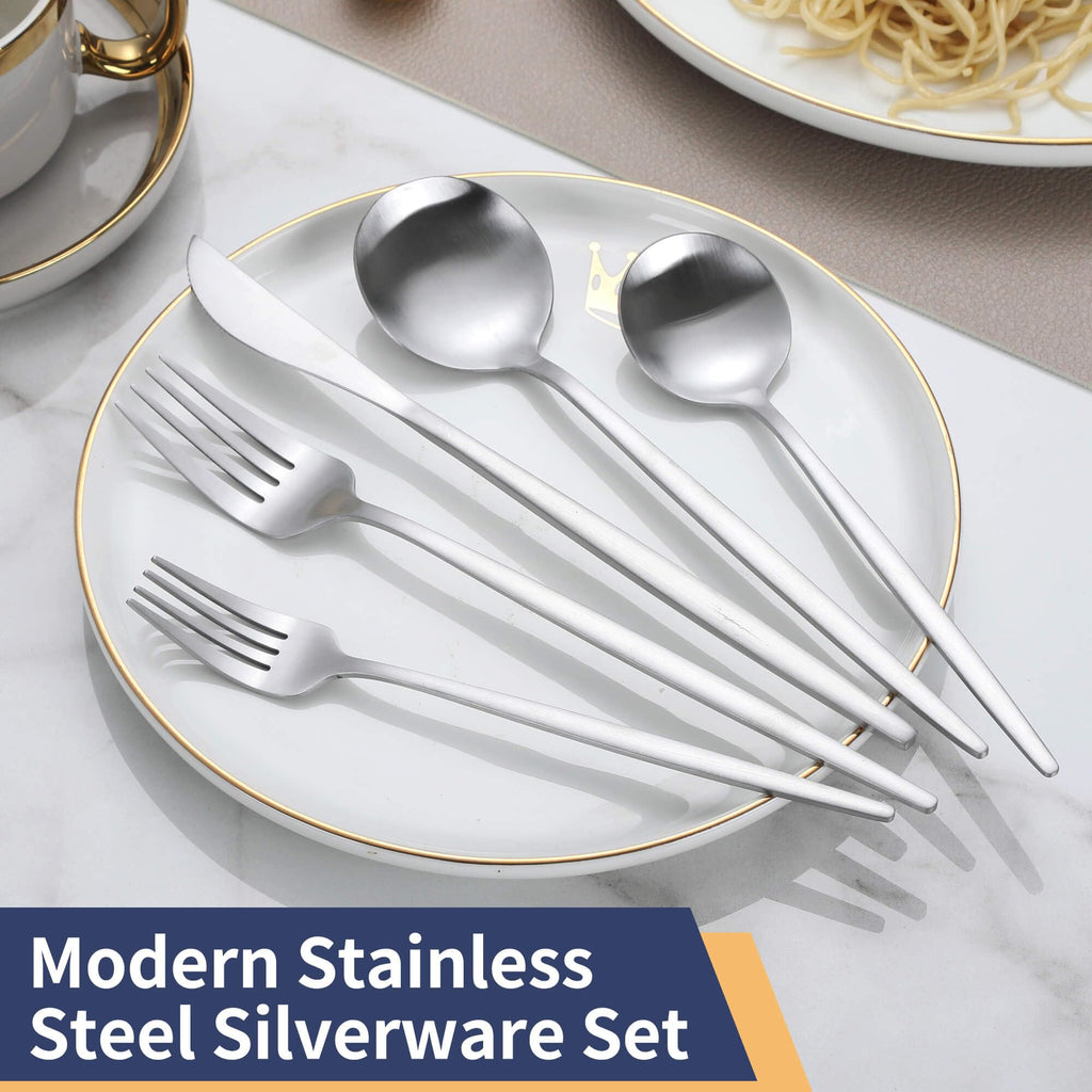Matte Silverware Set, 30 Piece Stainless Steel Modern Flatware, Brushed Cutlery Service for 6, Satin Finish Utensils