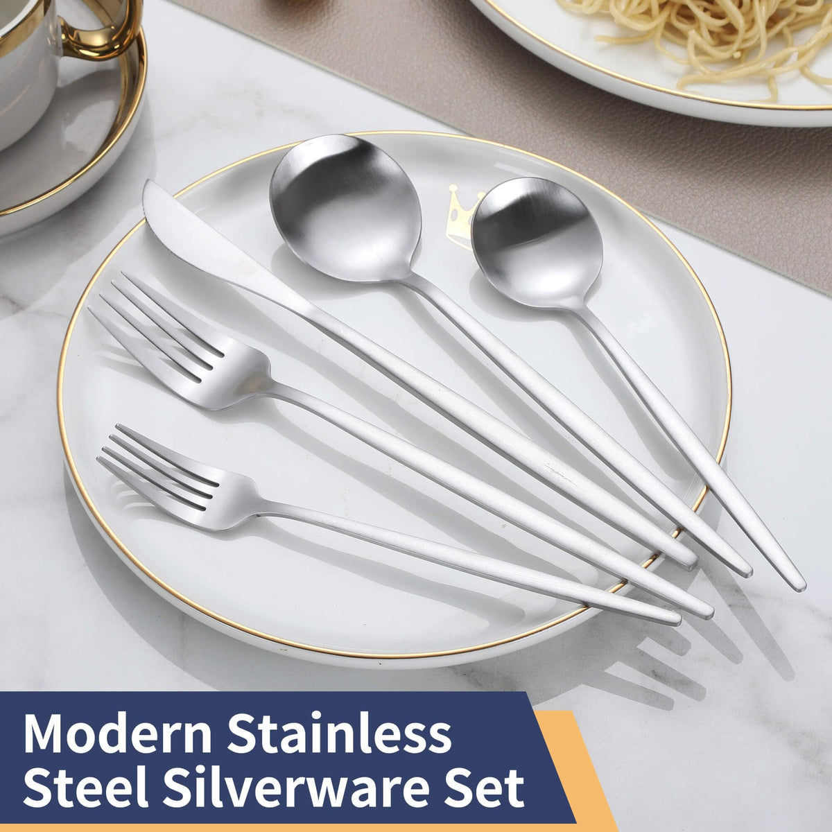 Matte Silverware Set, 30 Piece Stainless Steel Modern Flatware, Brushed Cutlery Service for 6, Satin Finish Utensils