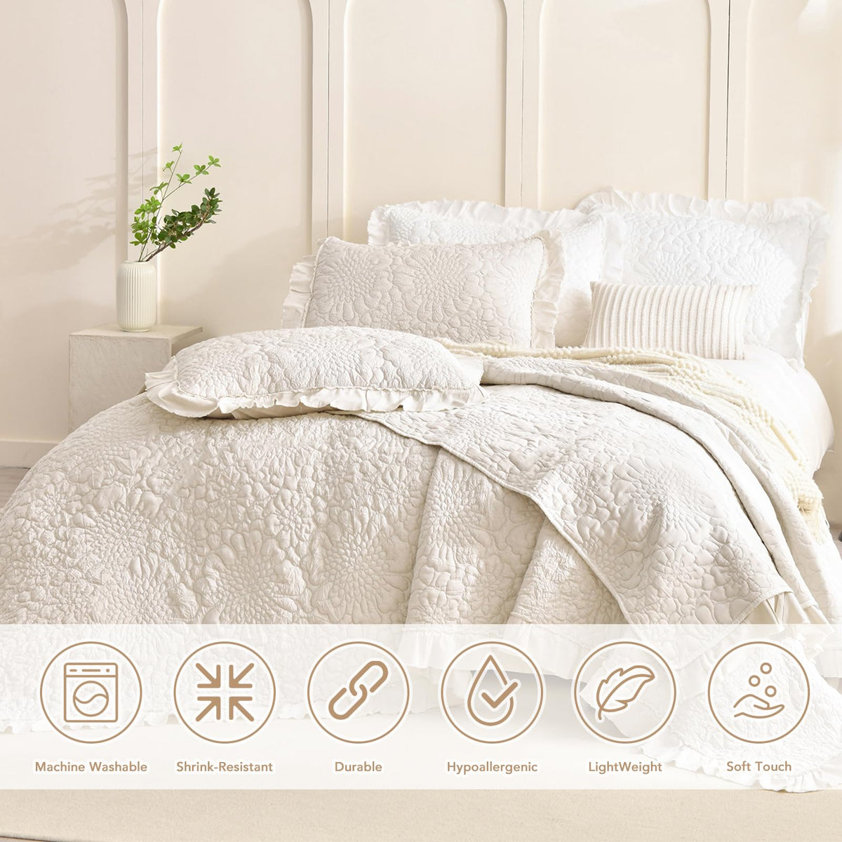 Wheat Quilt Sets, Stone-Washed Lightweight Ruffle Coverlet