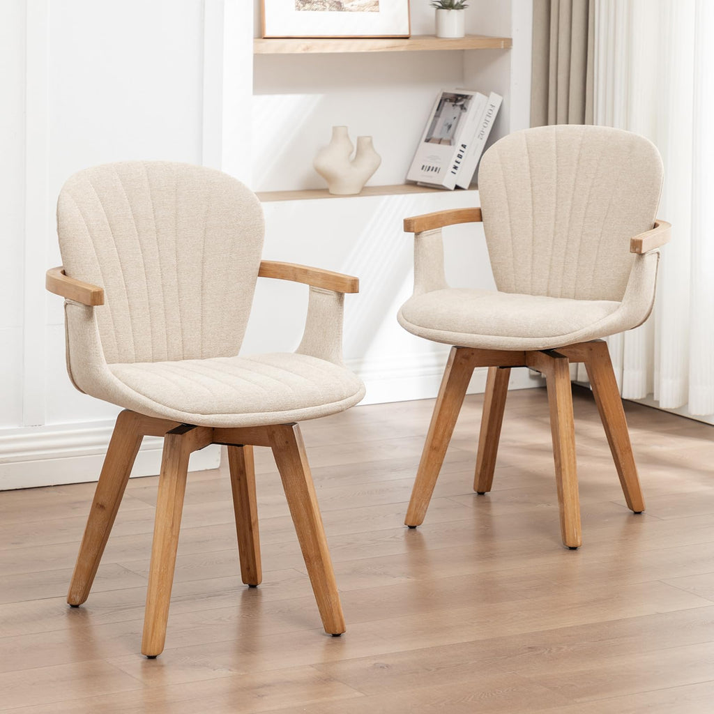 Swivel Dining Chairs Set of 2 with Arms Mid Century Modern Beige Charcoal Linen Look Fabric Kitchen Chairs, Bamboo