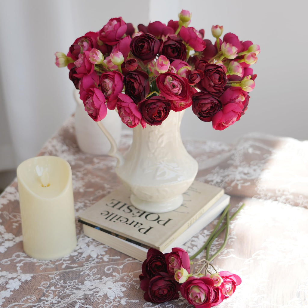 Artificial Ranunculus Flowers 18 Pcs Burgundy Faux Flowers