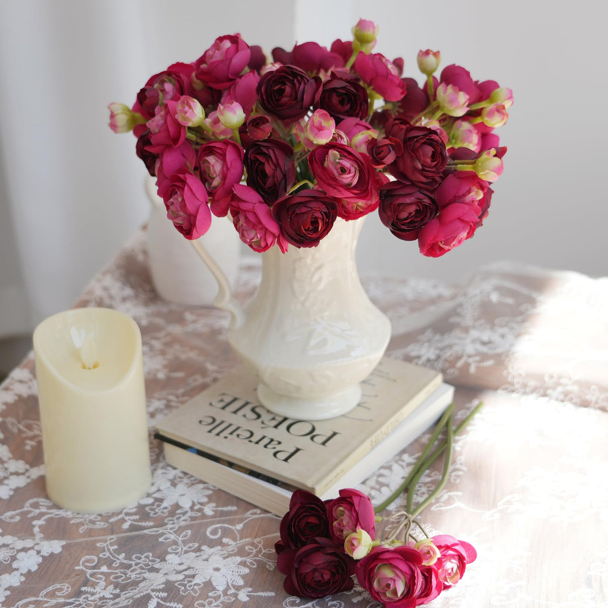 Artificial Ranunculus Flowers 18 Pcs Burgundy Faux Flowers
