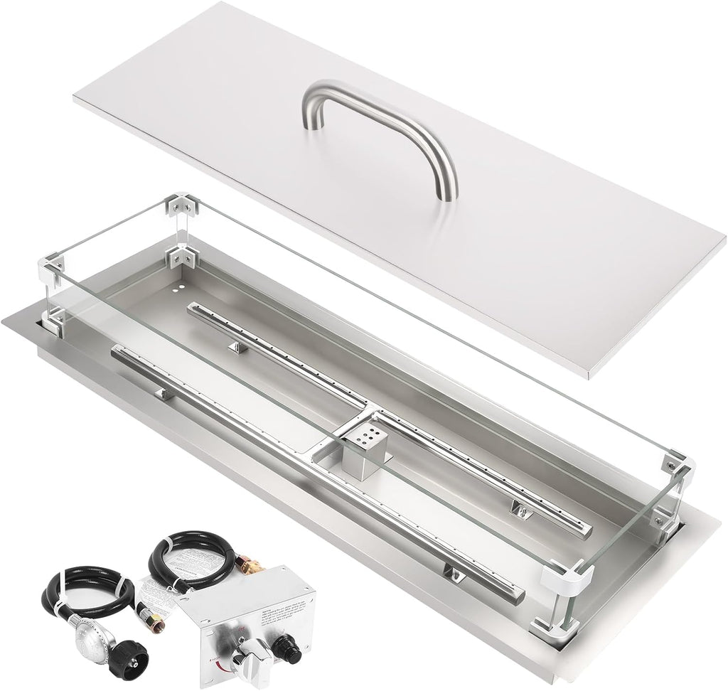 30 x 10 Inch Drop-in Fire Pit Kit, Premium Stainless Steel Modern Fire Trough with Tempered Glass Wind Guard, Burner Pan