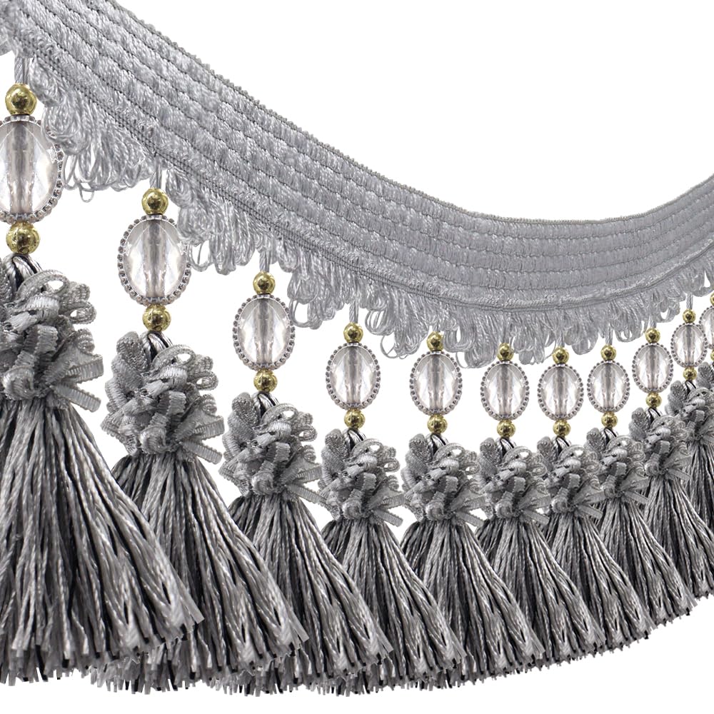Pom Pom Curtain Fringe Trim Beads Ball Tassel Trimming Sewing Ribbon Upholstery Fabric (Gray) - 3yards