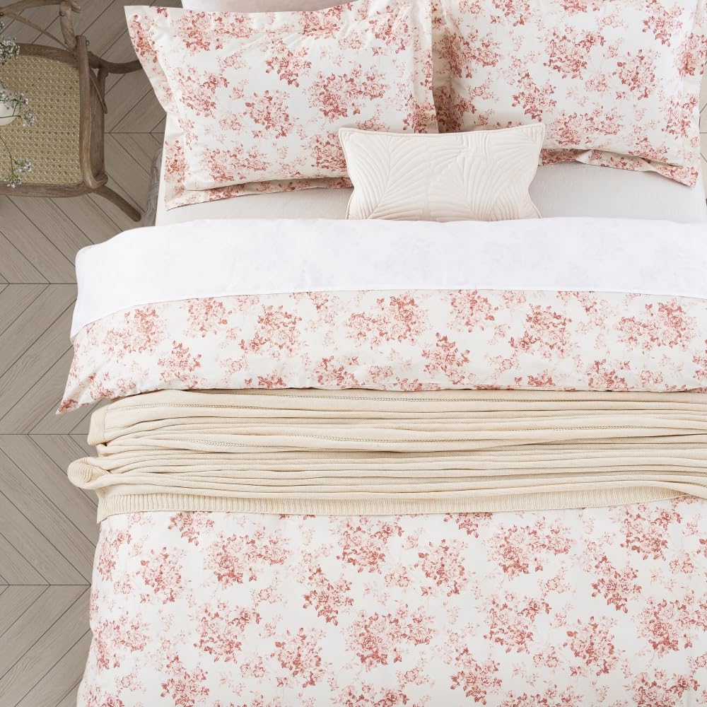 Duvet Cover Set - 90"x90" Cover + 2 Shams, 100% Cotton Print Bedding Sets, Toile Rose Floral Pattern, Pale