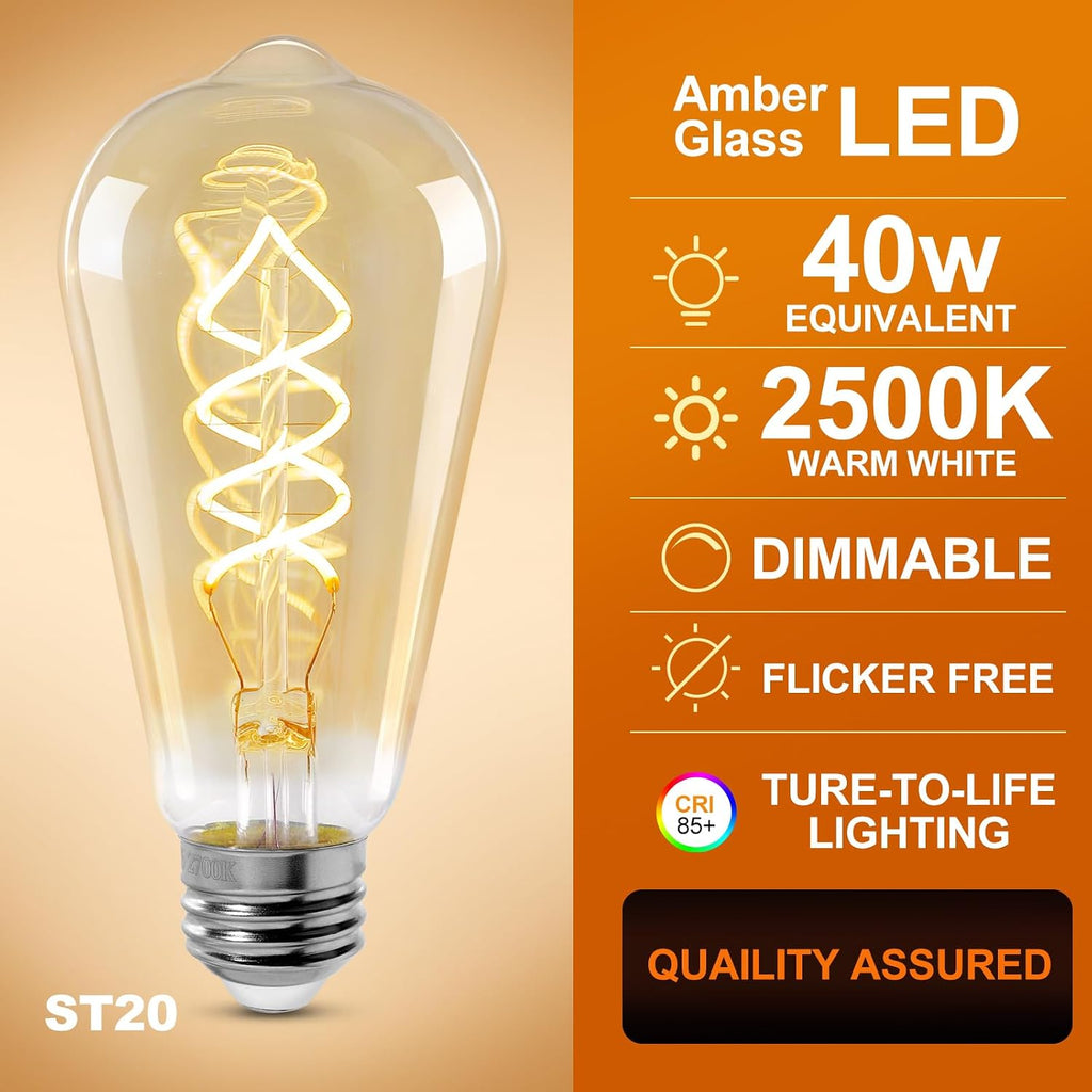 E26 Edison Light Bulbs, St64 Amber Glass Vintage 4w Led Lightbulbs, 3-Pack