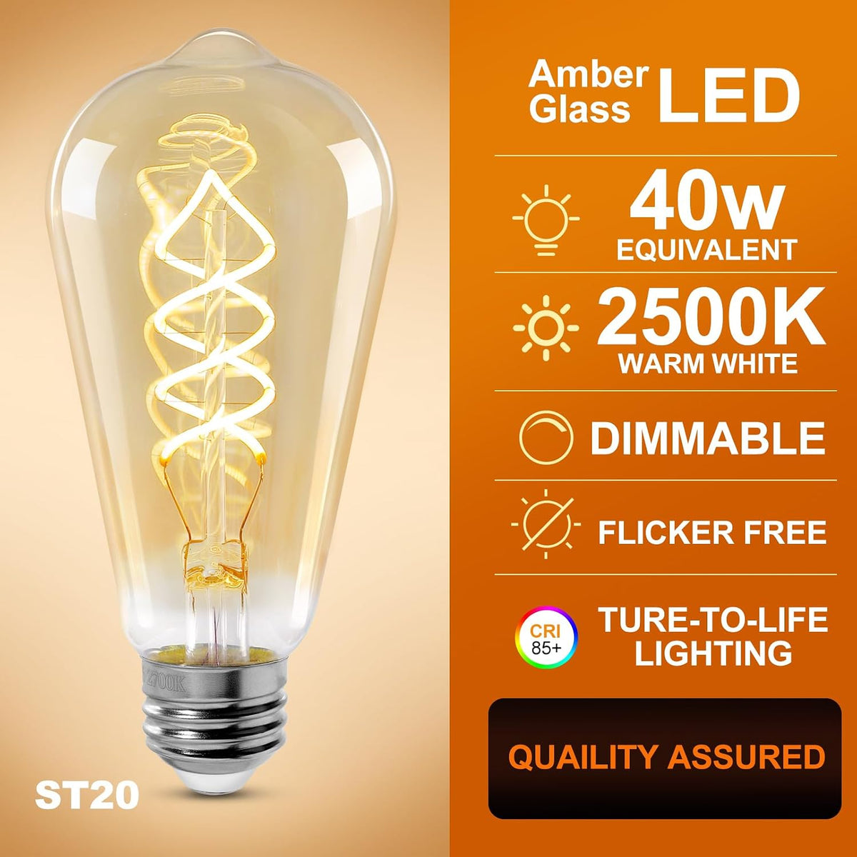 E26 Edison Light Bulbs, St64 Amber Glass Vintage 4w Led Lightbulbs, 3-Pack