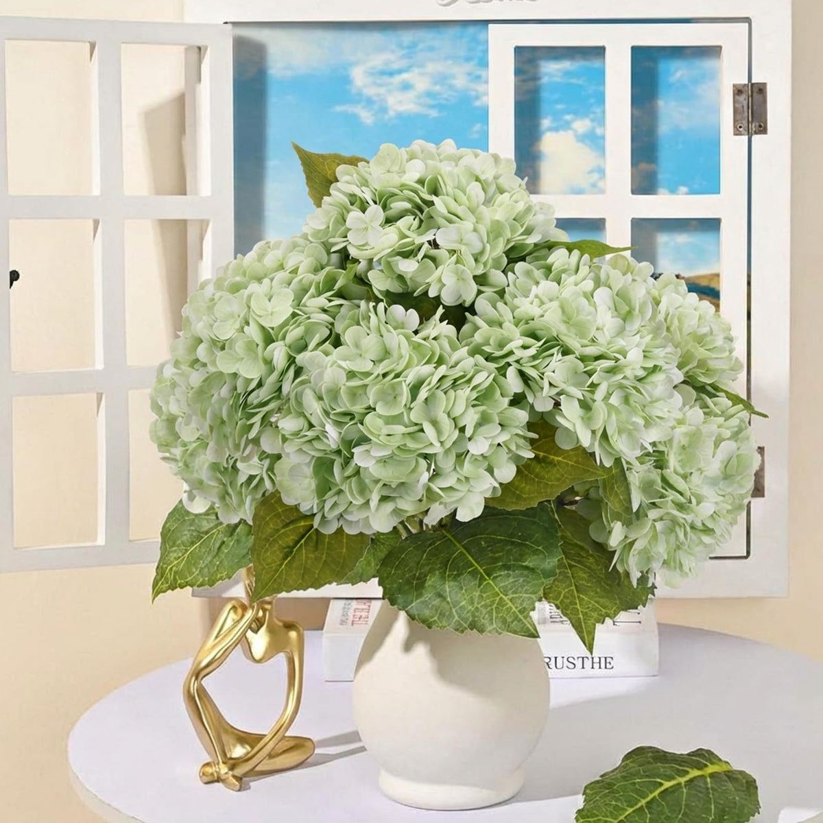 4pcs Green Hydrangea Artificial, 21in Real Touch Hydrangeas, Lifelike Fake Hydrangea Flower Decor Party Floral