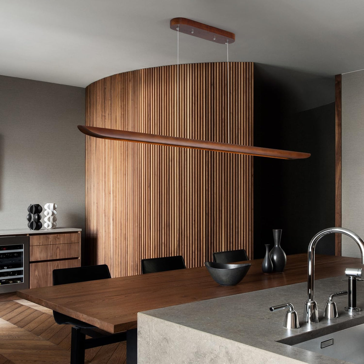 71" Wood Linear Pendant Light, Dimmable Kitchen Island Lighting with Remote, 40W LED Island Lights, Adjustable