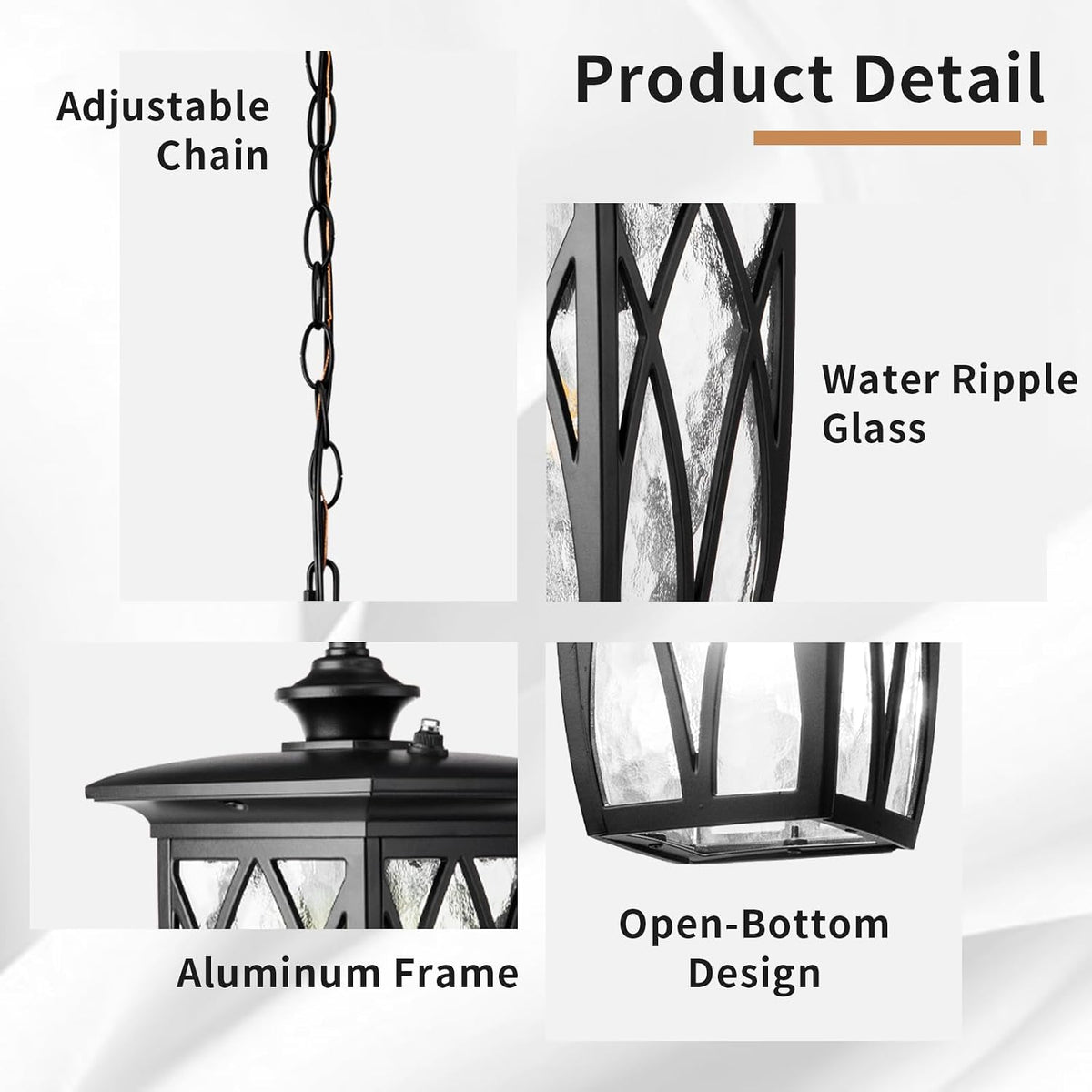 Dusk to Dawn Outdoor Pendant Lantern, 12 Inch Craftsman Style Exterior Hanging Light with Water Ripple Glass