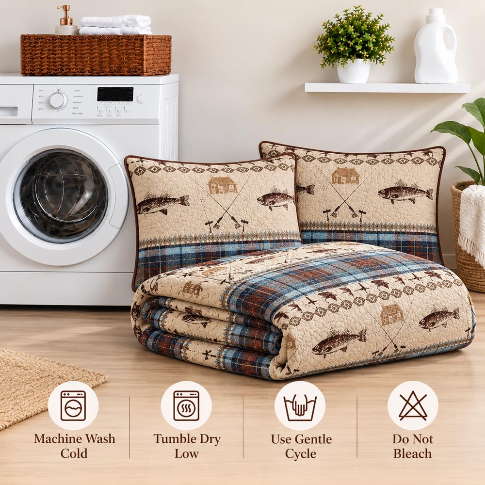 River Fly Fishing Themed Rustic Cabin Lodge Quilt Stitched Bedspread Bedding Set With Fishing Rods Lure With