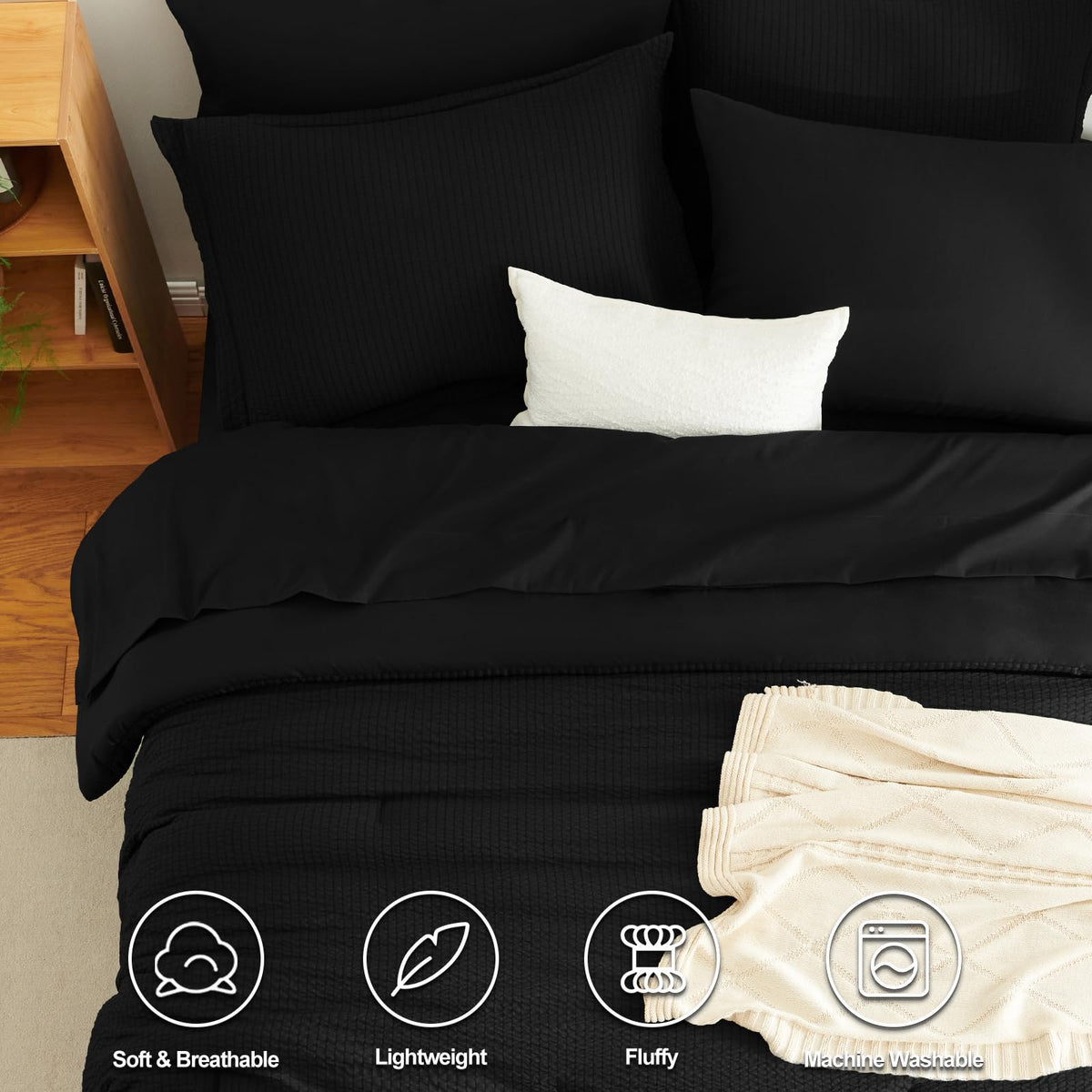 King Size Comforter Set Black - 7 Pieces Striped Seersucker Bed in a Bag, Soft Lightweight Boho Bedding Set with All