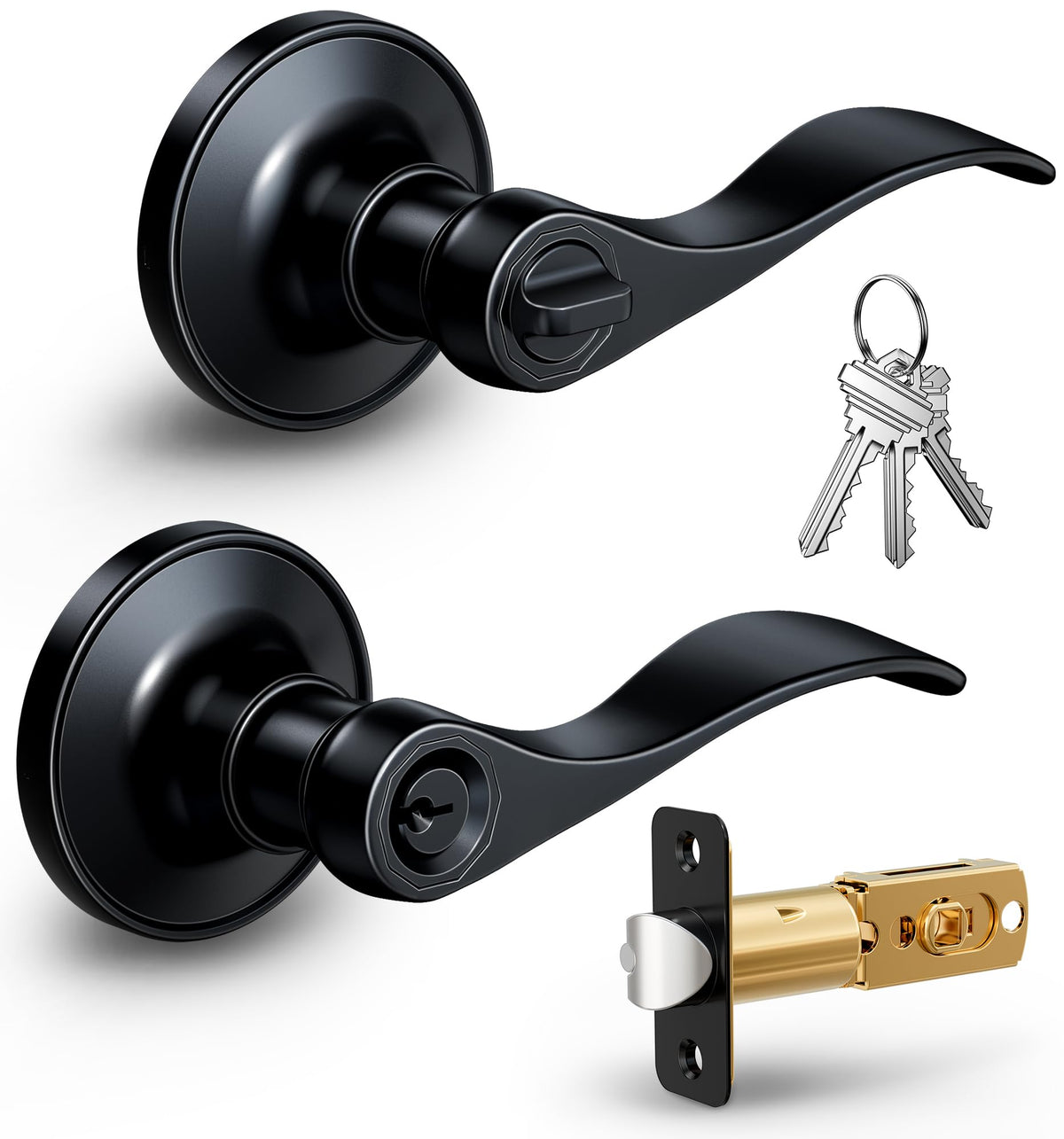 Keyed Entry Door Handle with Lock, Wave Door Levers, Matte Black