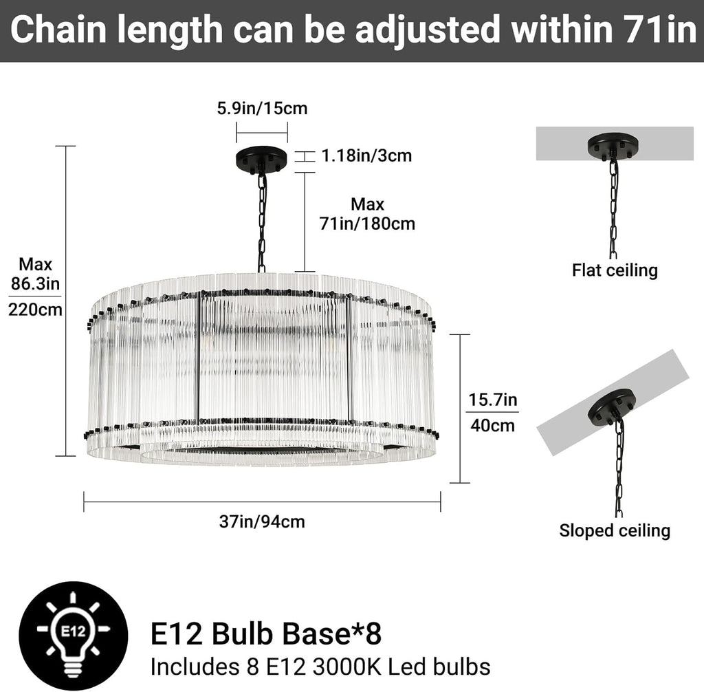 37" 8-Light Black Modern Crystal 2-Tier Round Chandelier
