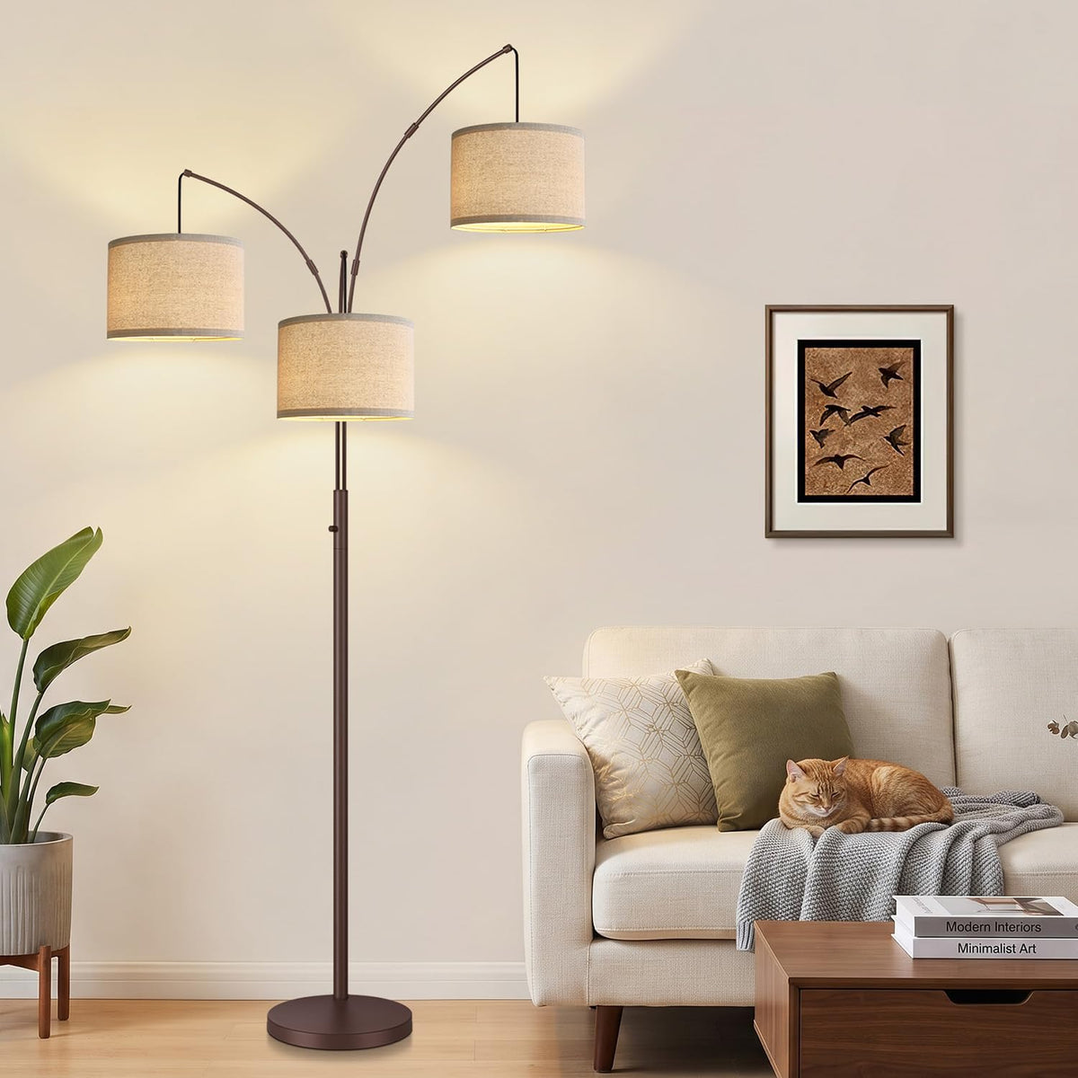 Dimmable Floor Lamp - 3 Lights Gold Arc Floor Lamps, 1000LM Modern Tall Standing Lamp with Black Shades&Heavy Base,3
