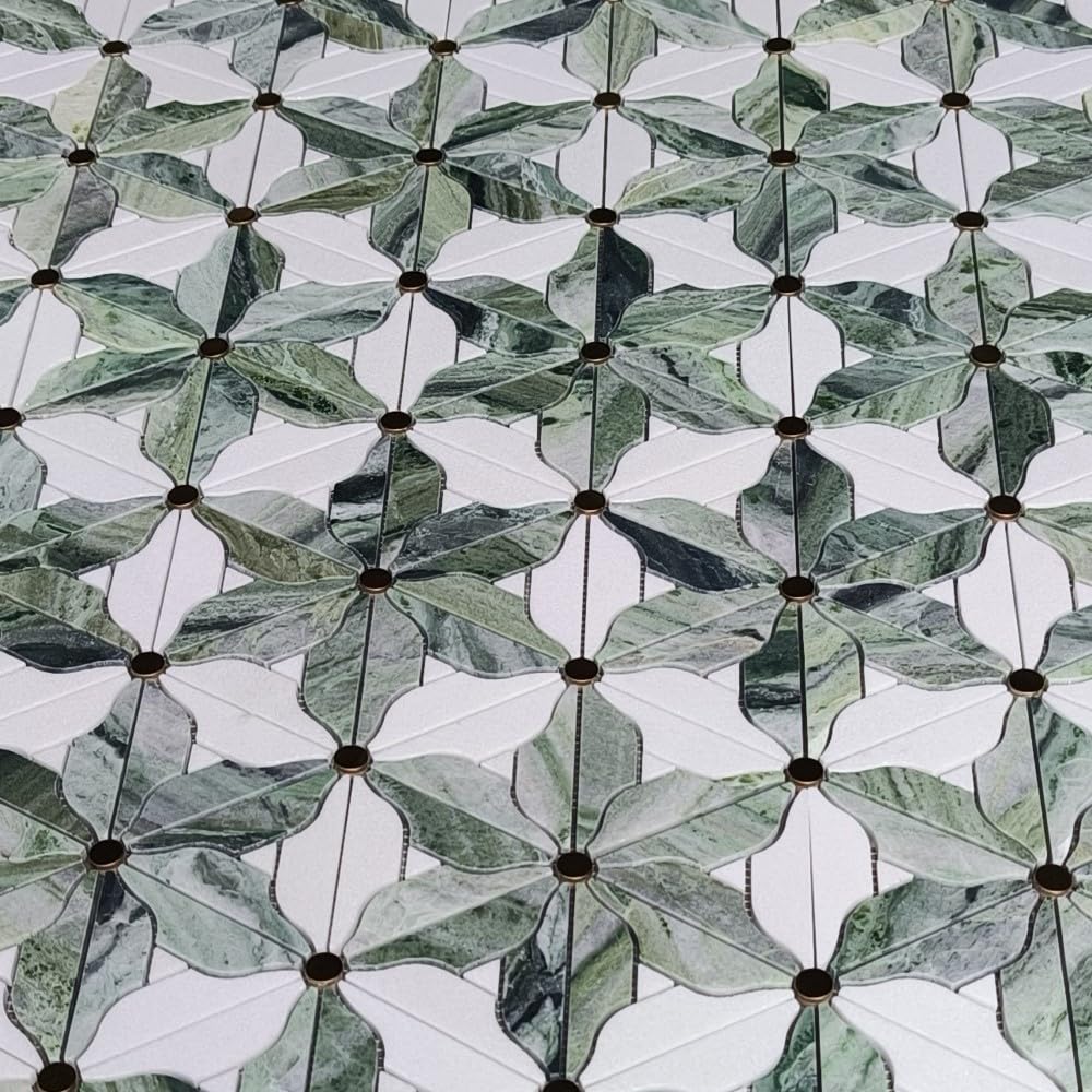 Thassos White Sagano Vibrant Green Marble Lily Bouquet Flower Leaf Mosaic Tile w/Brass Pistil Honed Kitchen Bath Wall