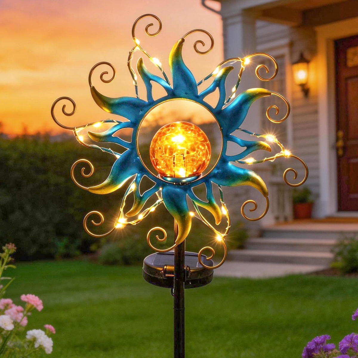 Solar Lights Outdoor Garden Decor, Blue Metal Sun Crackle Glass Globe Stake Waterproof 30LED Decorations Unique Gifts