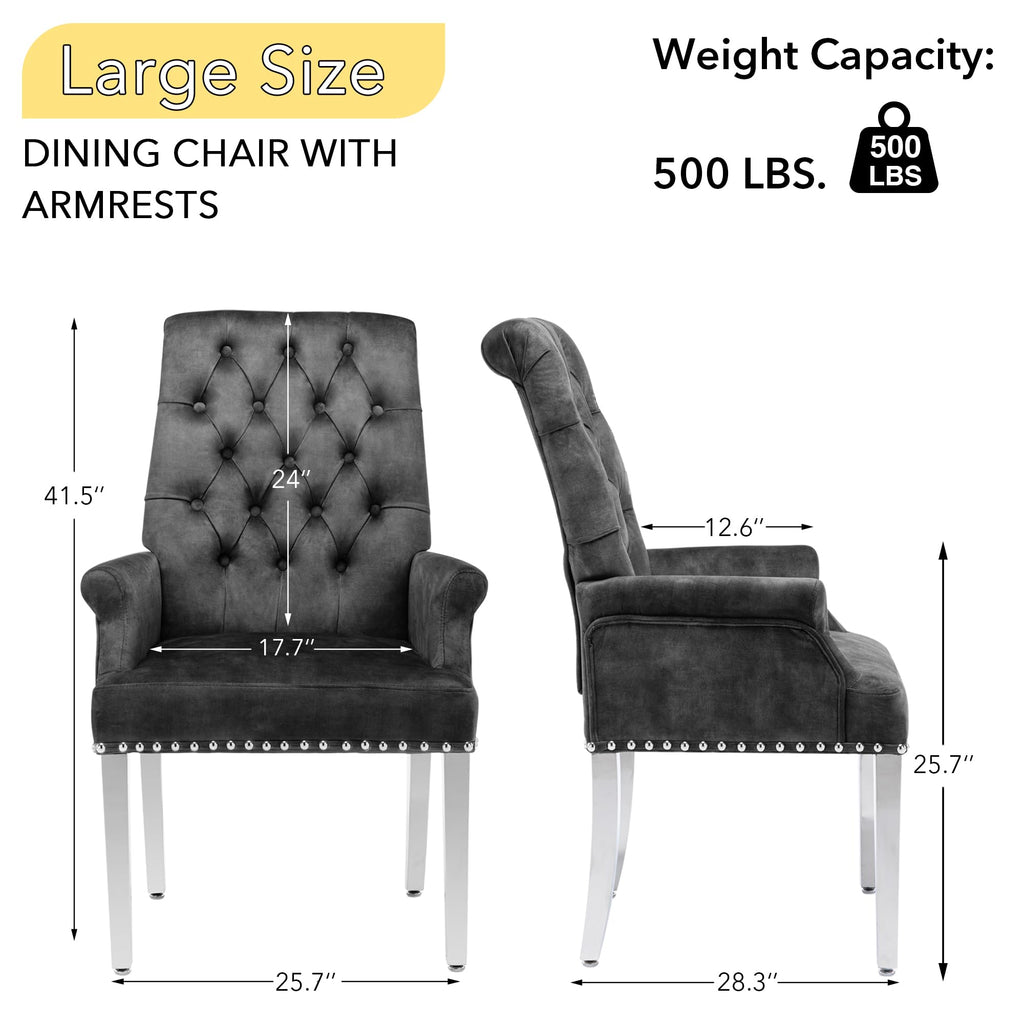 Velvet Dining Chair, Kitchen Arm Chair, Dark Grey