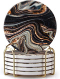 Black and Gold Marble Coasters with Holder Best Round Absorbent Coasters for Drinks, Coffee, Beer, Table Marble - Set of 6