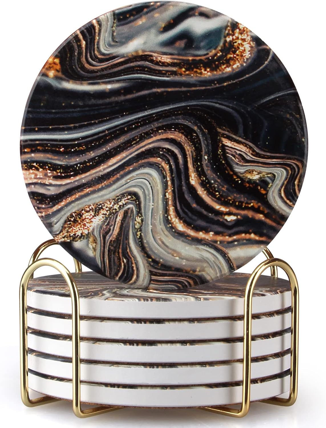 Black and Gold Marble Coasters with Holder Best Round Absorbent Coasters for Drinks, Coffee, Beer, Table Marble - Set of 6