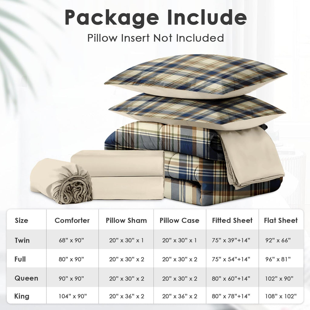 Comforter Set with Sheets, 7 Pieces Plaid Navy Bedding