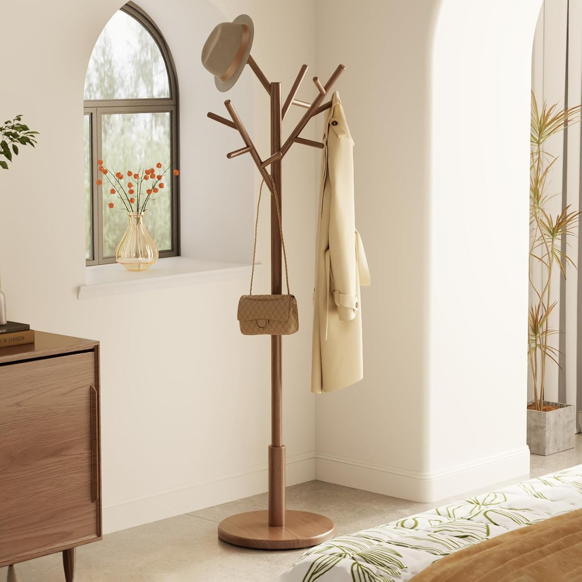 Coat Rack, Solid Wood Coat Rack Freestanding With 12 Hooks, Coat Tree Freestanding Heavy Duty 3 Adjustable Heights