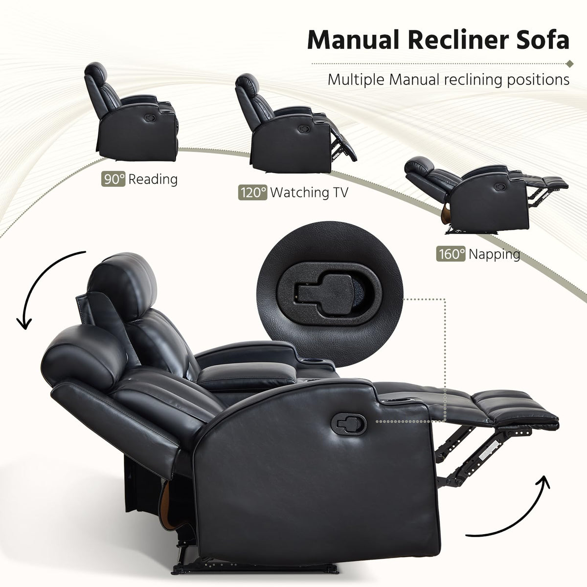 3-Piece Manual Recliner Sofa Set, Included Recliner and 2Loveseat 2-Seater Sofa with Center Console, Overstuffed Pu