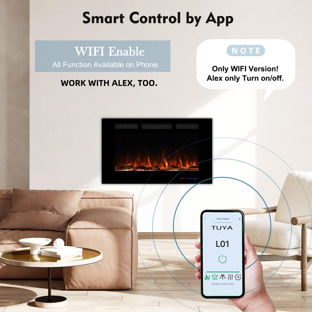 36" WiFi Smart Recessed Electric Fireplace Insert, 5 Flame Settings, Log Set or Crystal Options, Temperature Control