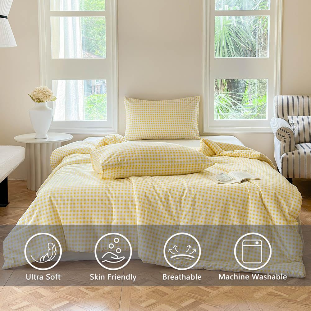 100% Cotton Yellow Gingham Plaid Comforter Set
