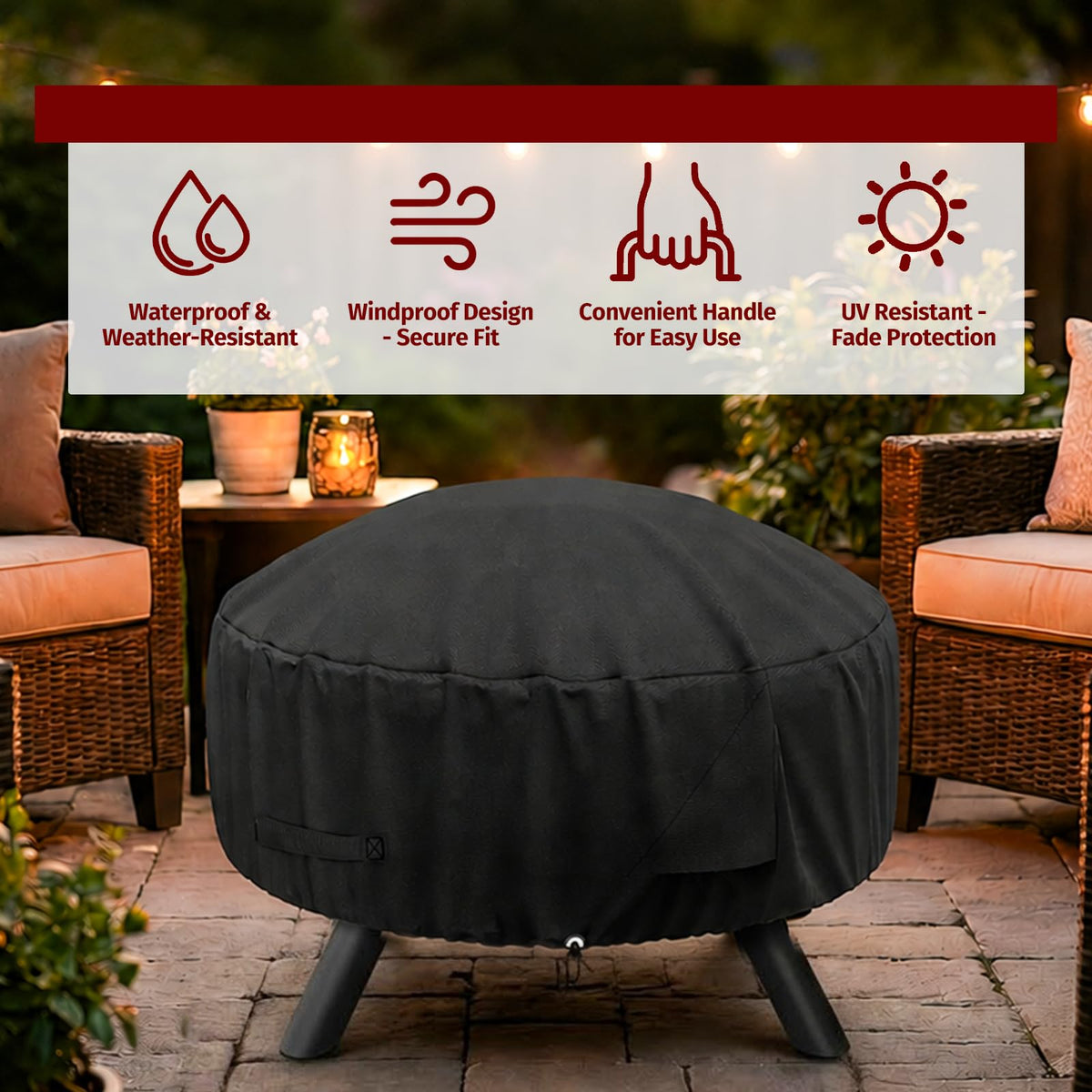 Round Fire Pit Cover for 22-32 Inch Fire Pit - Waterproof and Windproof, with Straps and Built-in Vents, 32 Dia x