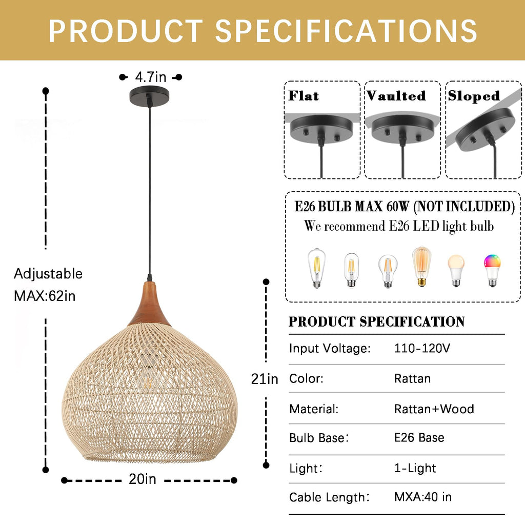 20" Large Rattan Pendant Light, Rattan Chandelier Hand-Woven Boho Pendant Light Fixtures with Solid Wood, Basket