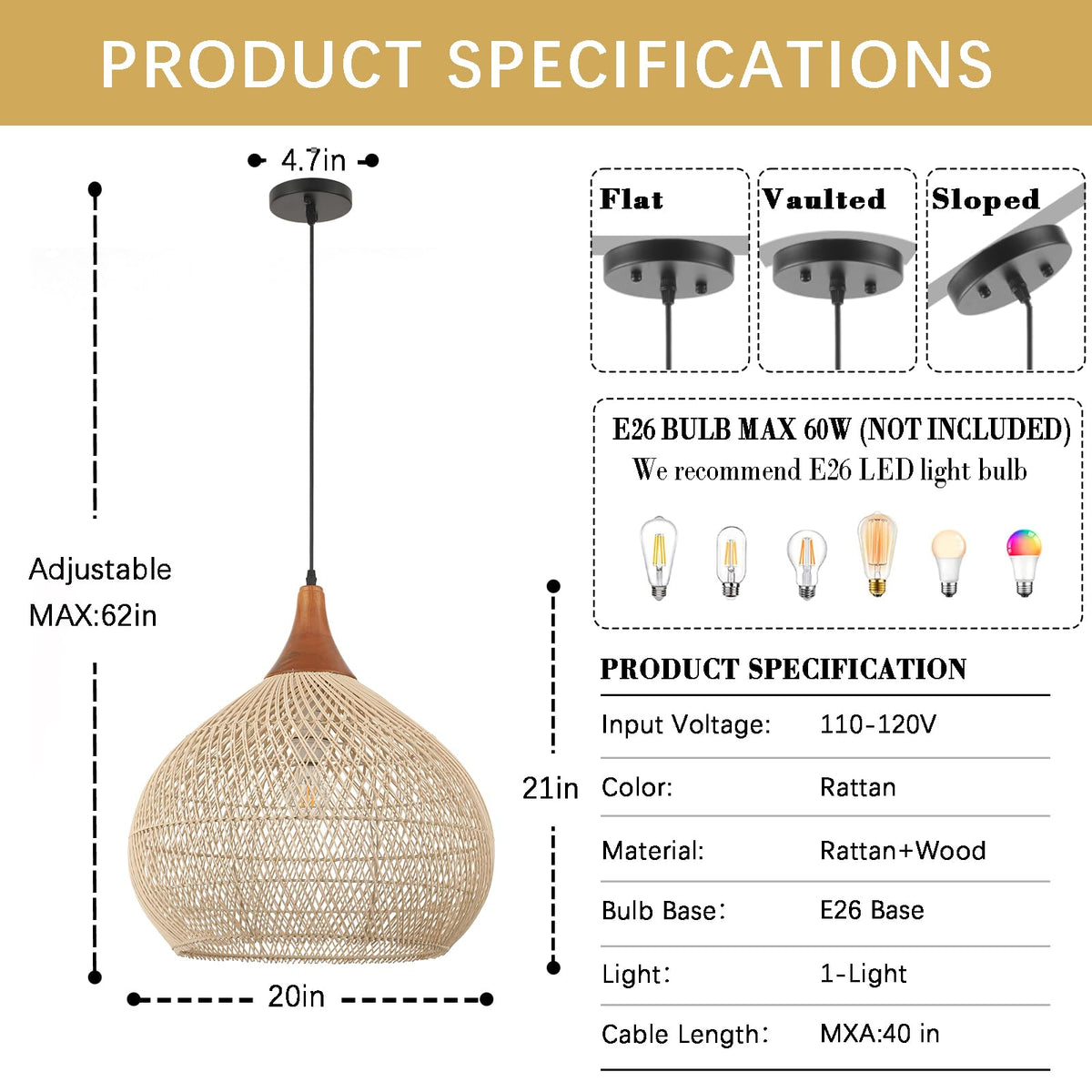 20" Large Rattan Pendant Light, Rattan Chandelier Hand-Woven Boho Pendant Light Fixtures with Solid Wood, Basket