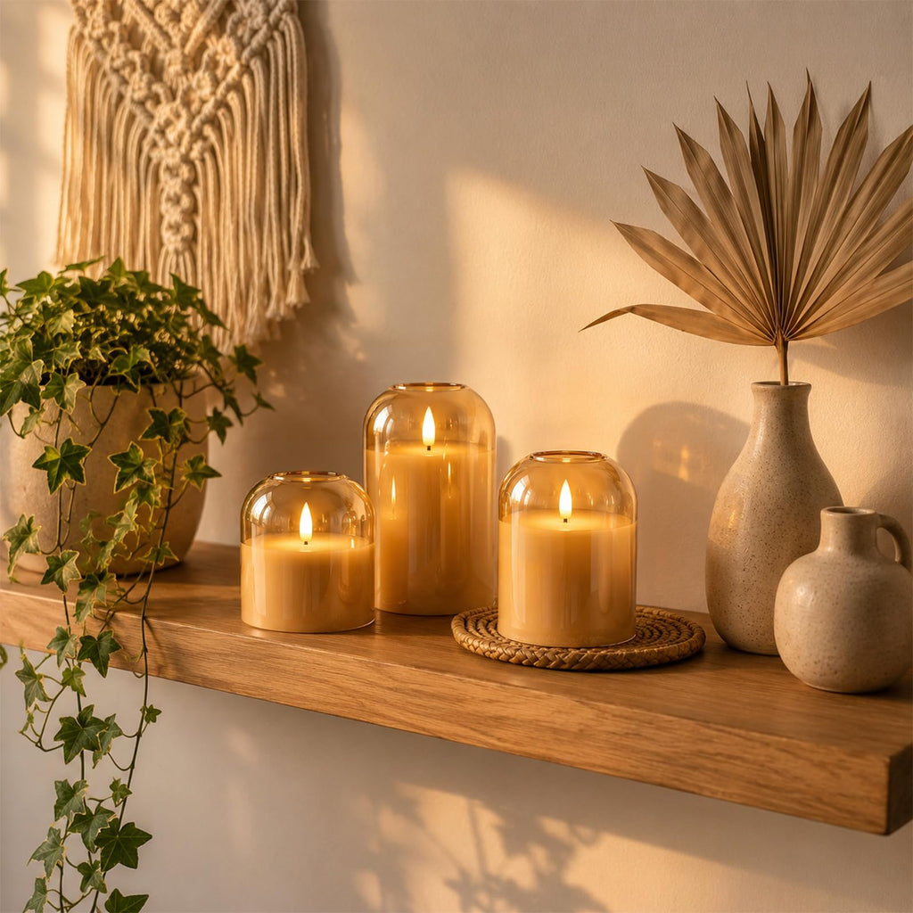 Fall Decorations, Amber Glass Flameless Candles, LED Pillar Candle