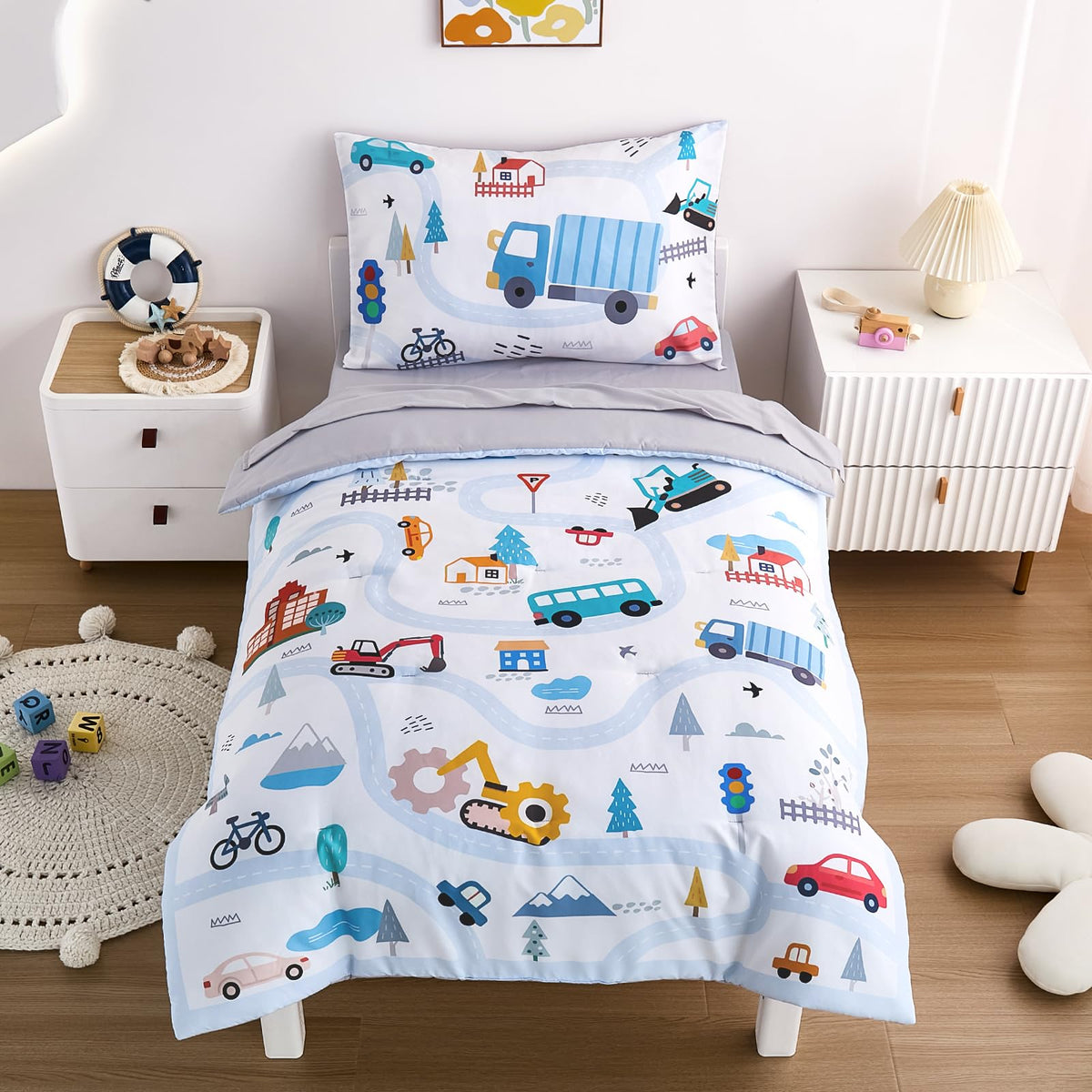 4-Piece Cars Toddler Bedding Set for Boys Girls- Soft & Skin Friendly Toddler Bed Set Includes Toddler Comforter