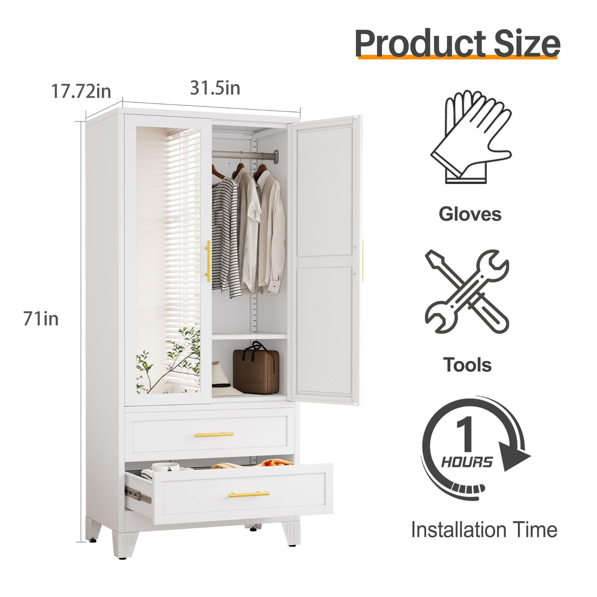 Metal Armoire Wardrobe Closet, 71" Tall Bedroom Closet with Mirror
